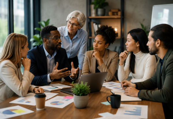 Capitalizing on Team Diversity of Thought | LINC Consulting Diverse team of professionals collaborating and sharing different perspectives in a leadership discussion, representing diversity of thought, communication, teamwork, and stronger decision-making with LINC Consulting.