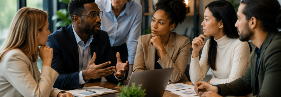 Diverse team of professionals collaborating and sharing different perspectives in a leadership discussion, representing diversity of thought, communication, teamwork, and stronger decision-making with LINC Consulting.