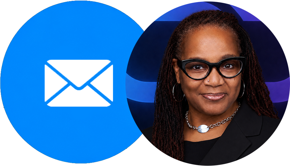 Dr. Alisha Smith professional email contact graphic featuring a blue email icon next to her portrait on a dark blue background.