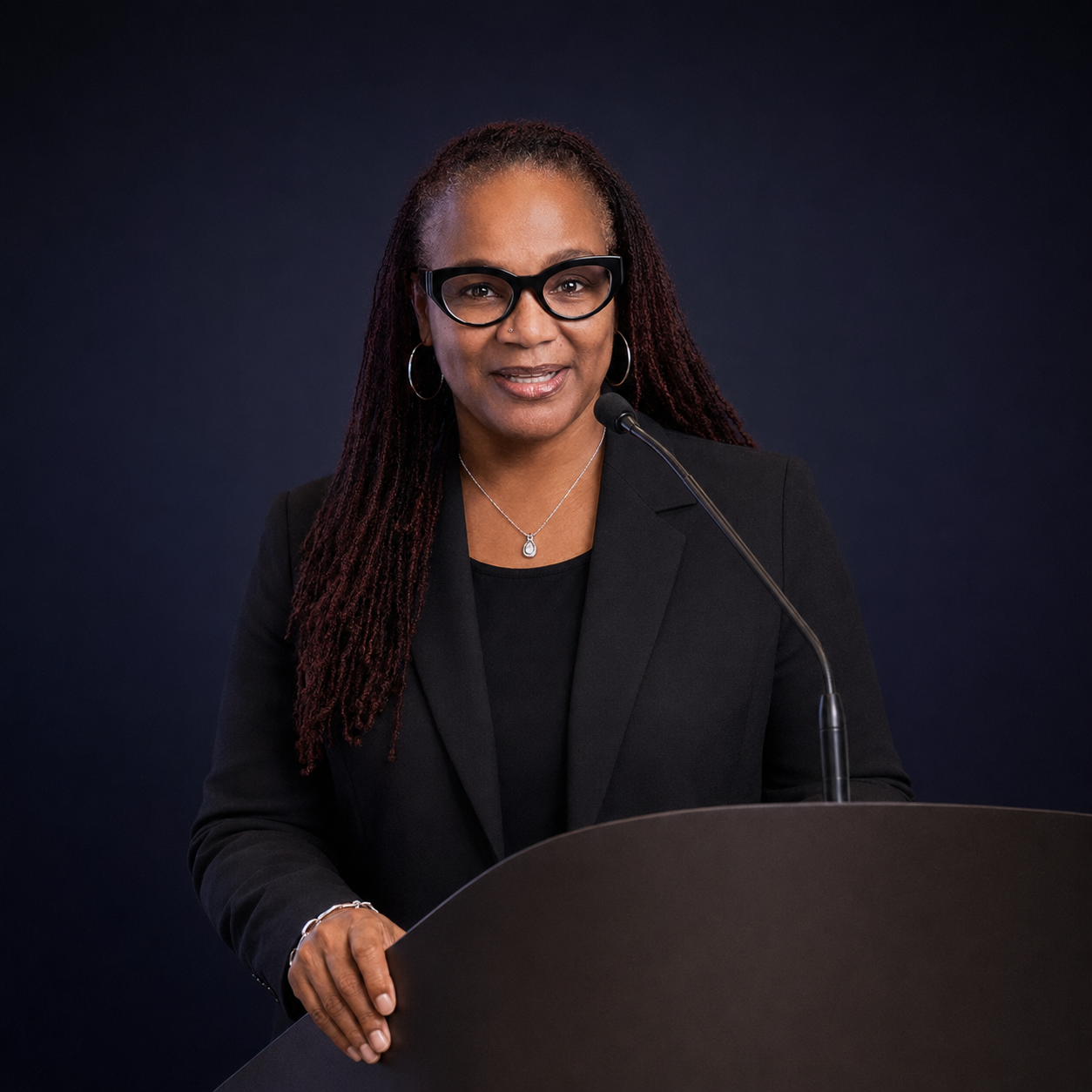 Dr. Alisha Smith standing confidently behind a podium with a microphone, wearing a black blazer.