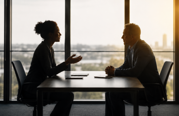 Professional leadership coaching conversation focused on accountability and feedback between two business leaders in a modern office setting for LINC Consulting.
