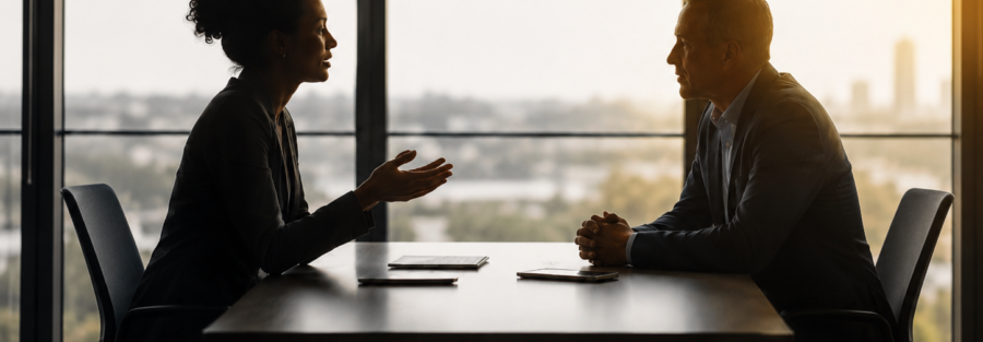 Professional leadership coaching conversation focused on accountability and feedback between two business leaders in a modern office setting for LINC Consulting.