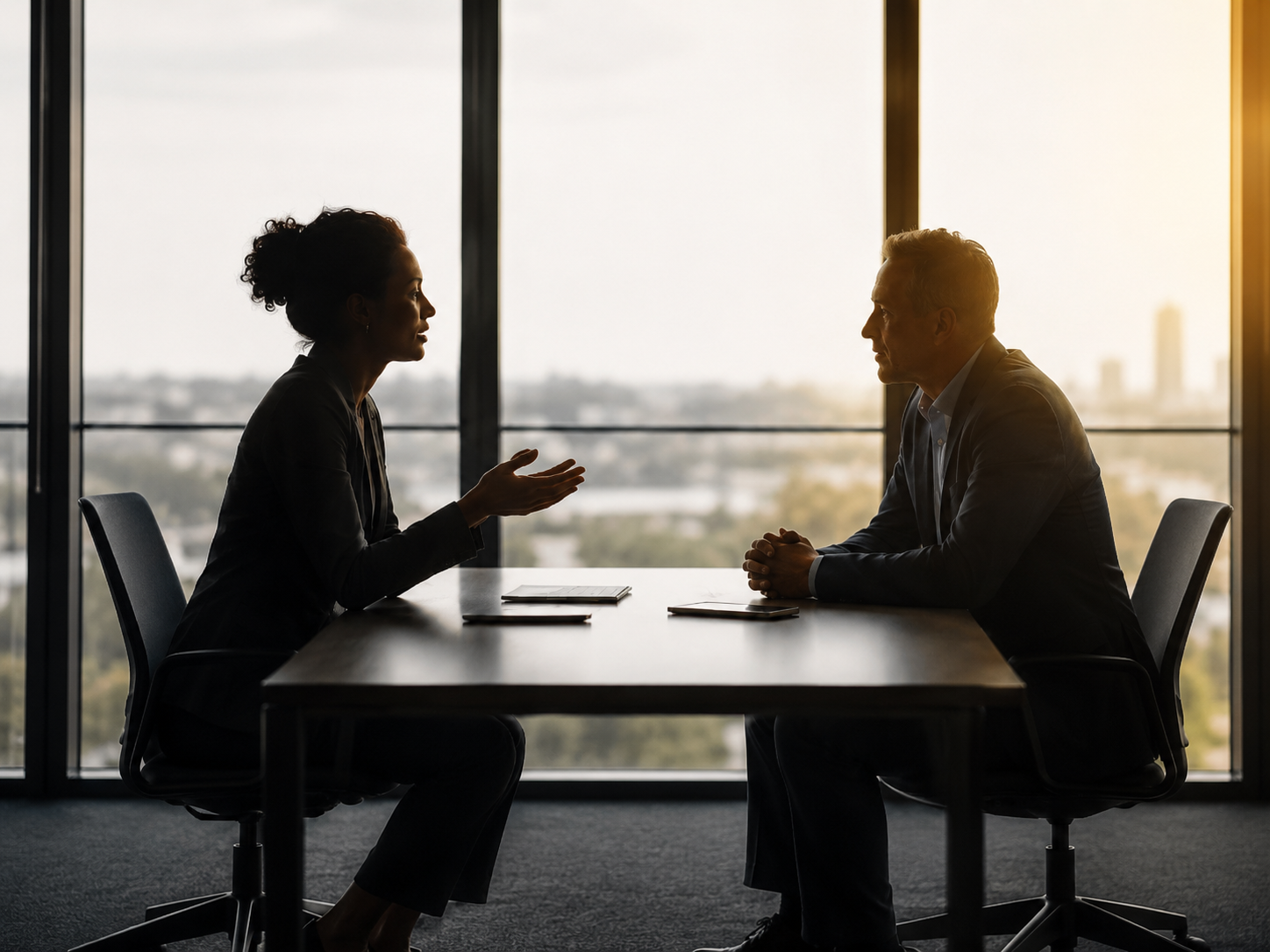 Professional leadership coaching conversation focused on accountability and feedback between two business leaders in a modern office setting for LINC Consulting.