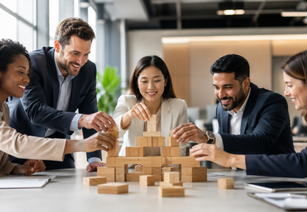Diverse business professionals working together to build a wooden block structure in a modern office.