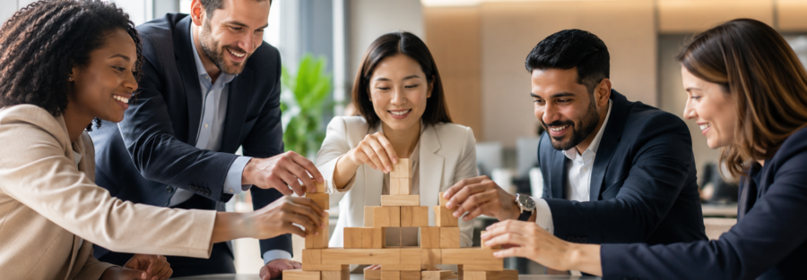 Diverse business professionals working together to build a wooden block structure in a modern office.