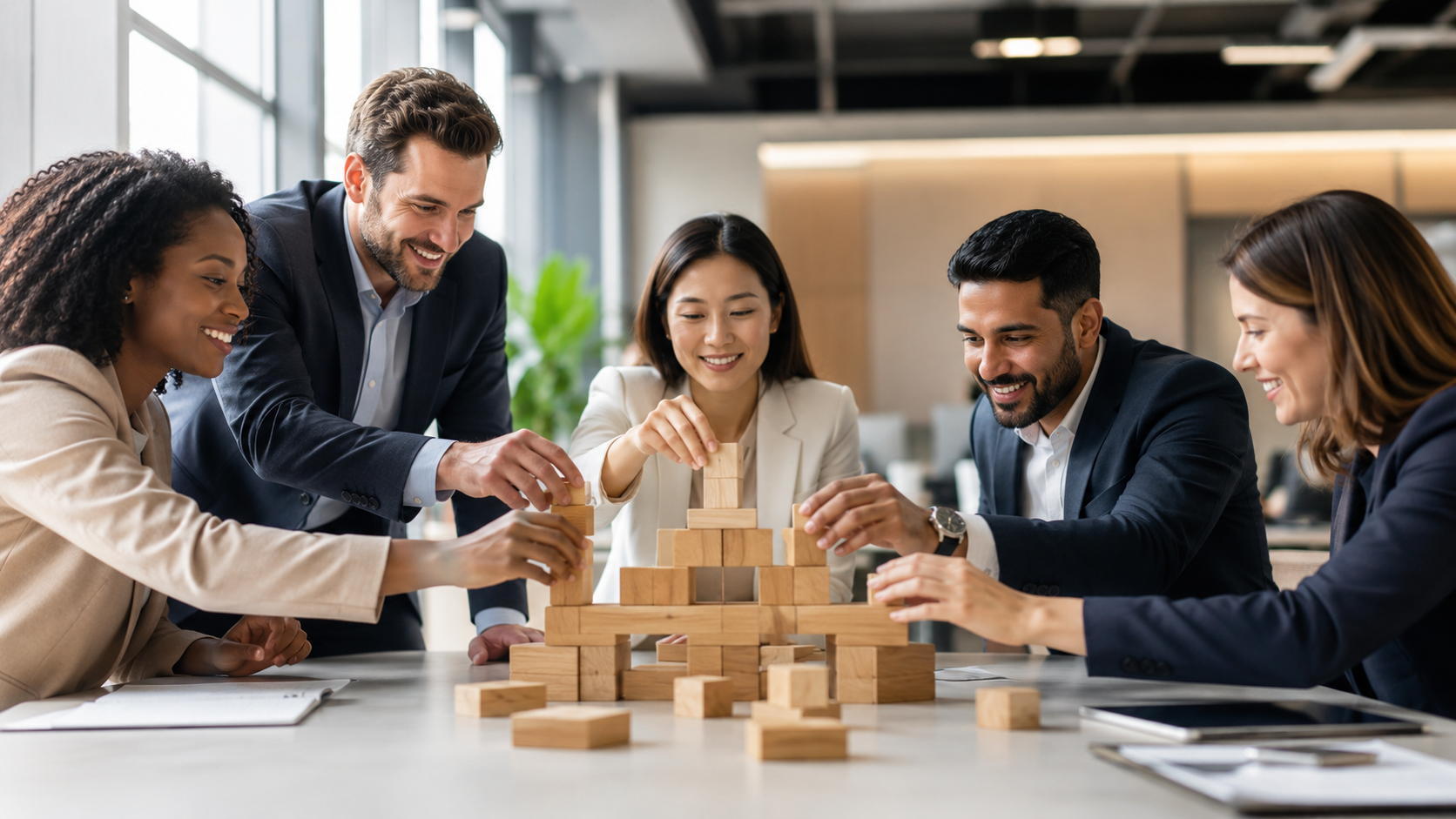 Diverse business professionals working together to build a wooden block structure in a modern office.