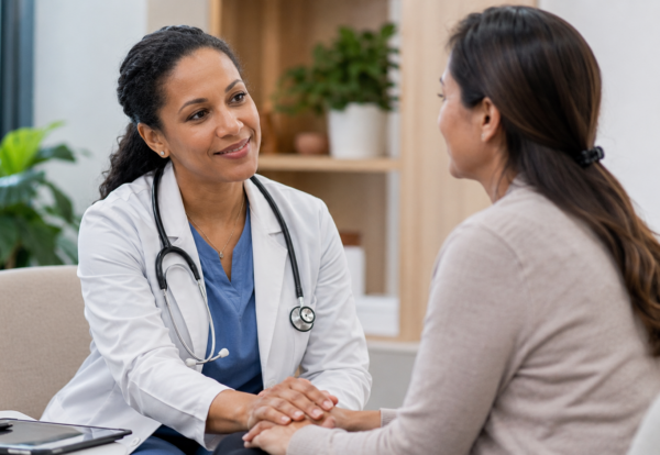 Compassionate healthcare provider holding a patient’s hands during a supportive consultation in a modern medical office.
