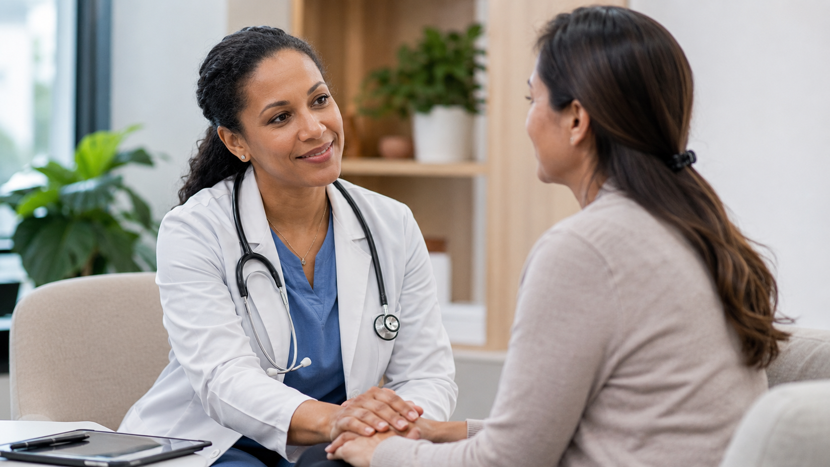 Compassionate healthcare provider holding a patient’s hands during a supportive consultation in a modern medical office.
