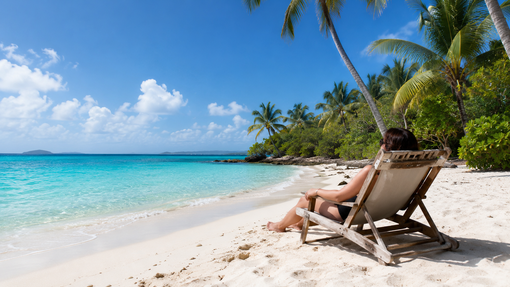 Person relaxing in a beach chair on a white-sand Caribbean beach overlooking clear turquoise water.