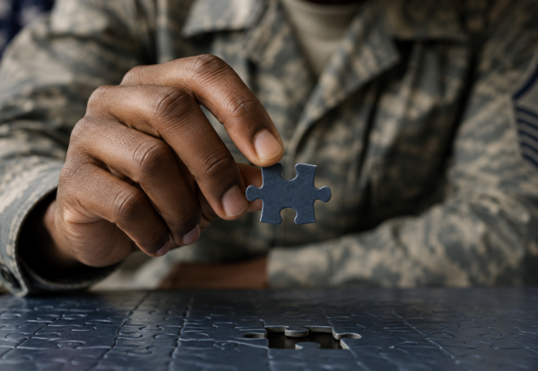 Air Force service member carefully placing the final piece into a dark blue puzzle, representing attention to detail, precision, and leadership.