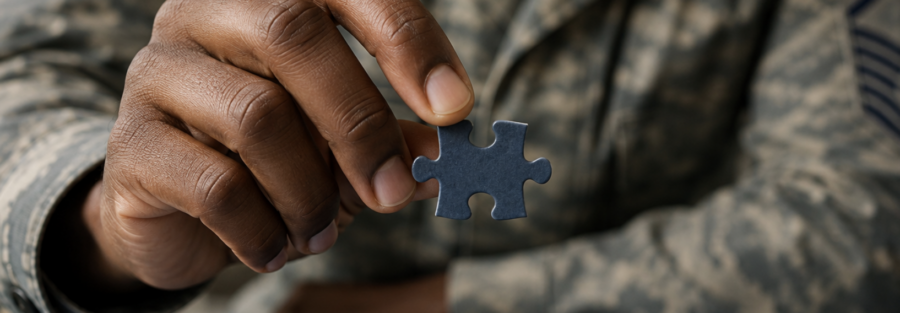 Air Force service member carefully placing the final piece into a dark blue puzzle, representing attention to detail, precision, and leadership.