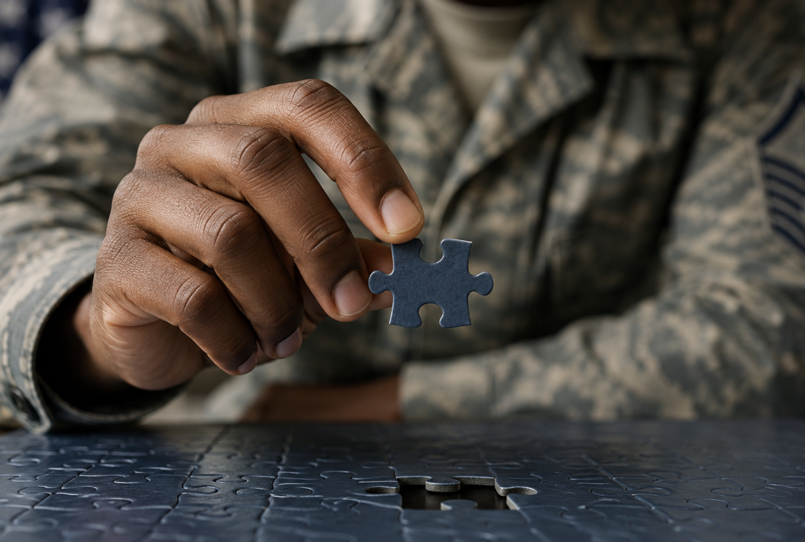 Air Force service member carefully placing the final piece into a dark blue puzzle, representing attention to detail, precision, and leadership.