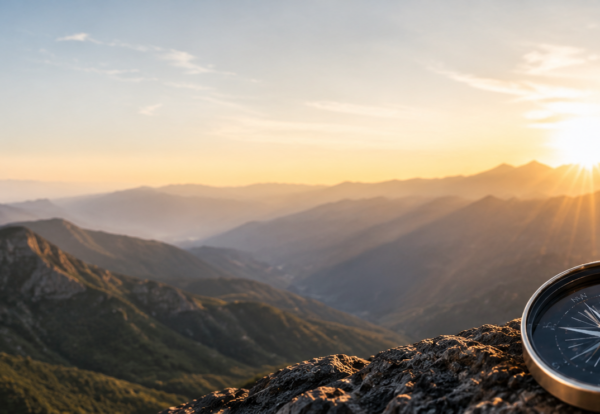 Staying MAPT leadership graphic featuring a businesswoman overlooking mountains at sunrise, with Motivation, Audience, Pride, Trust icons and a compass symbolizing purpose.