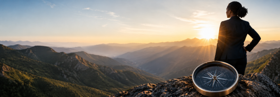 Staying MAPT leadership graphic featuring a businesswoman overlooking mountains at sunrise, with Motivation, Audience, Pride, Trust icons and a compass symbolizing purpose.