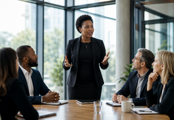Diverse leadership team in a modern conference room listening to a woman lead a professional discussion, representing leadership development, communication, trust, and team collaboration.