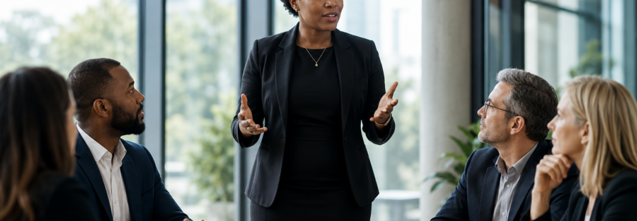 Diverse leadership team in a modern conference room listening to a woman lead a professional discussion, representing leadership development, communication, trust, and team collaboration.