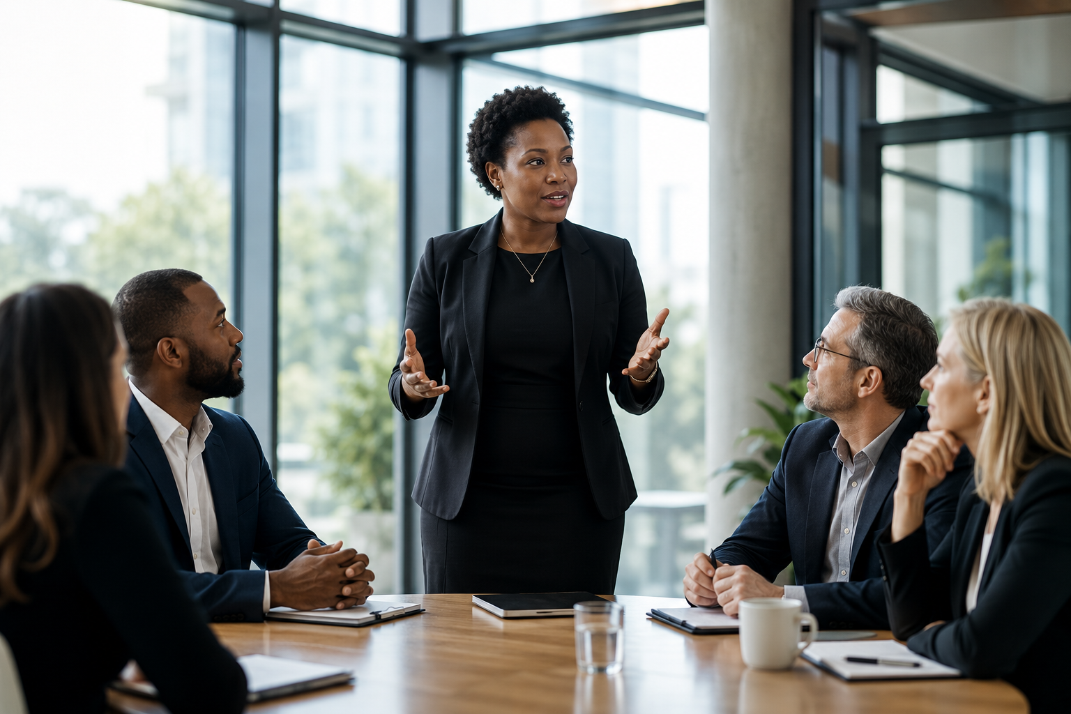 Diverse leadership team in a modern conference room listening to a woman lead a professional discussion, representing leadership development, communication, trust, and team collaboration.