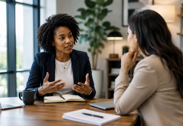 Two professional women having a focused workplace conversation in a modern office, representing effective leadership communication, active listening, trust, clarity, and team development.