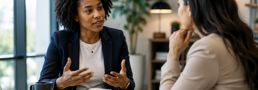Two professional women having a focused workplace conversation in a modern office, representing effective leadership communication, active listening, trust, clarity, and team development.