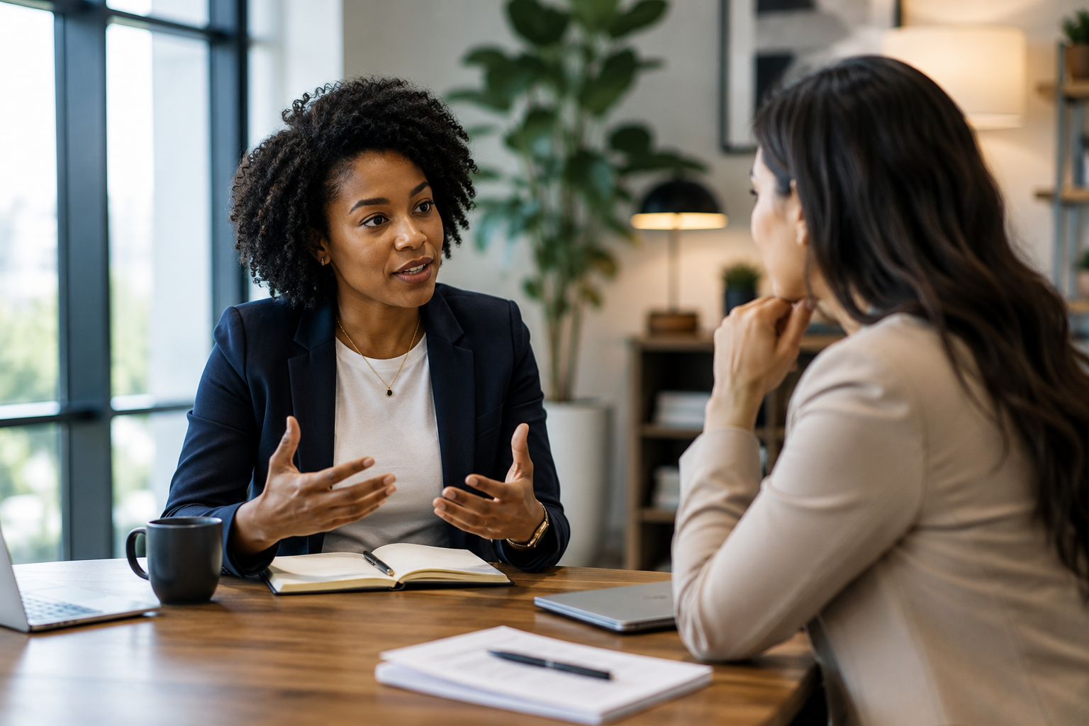 Two professional women having a focused workplace conversation in a modern office, representing effective leadership communication, active listening, trust, clarity, and team development.