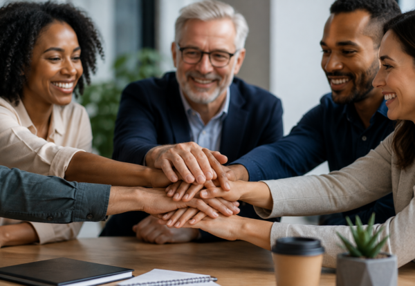 Diverse team members stacking their hands together in a modern workplace, representing trust, teamwork, collaboration, accountability, and high-performing teams.
