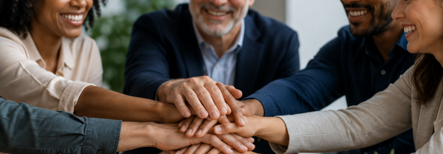 Diverse team members stacking their hands together in a modern workplace, representing trust, teamwork, collaboration, accountability, and high-performing teams.