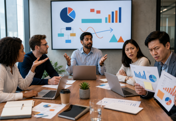 Diverse business team showing confusion and frustration during a workplace meeting, representing poor communication, unclear expectations, conflict, rework, and reduced team performance.