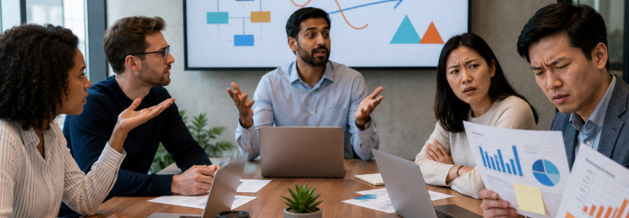 Diverse business team showing confusion and frustration during a workplace meeting, representing poor communication, unclear expectations, conflict, rework, and reduced team performance.