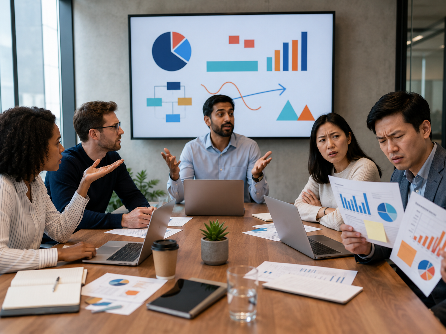Diverse business team showing confusion and frustration during a workplace meeting, representing poor communication, unclear expectations, conflict, rework, and reduced team performance.